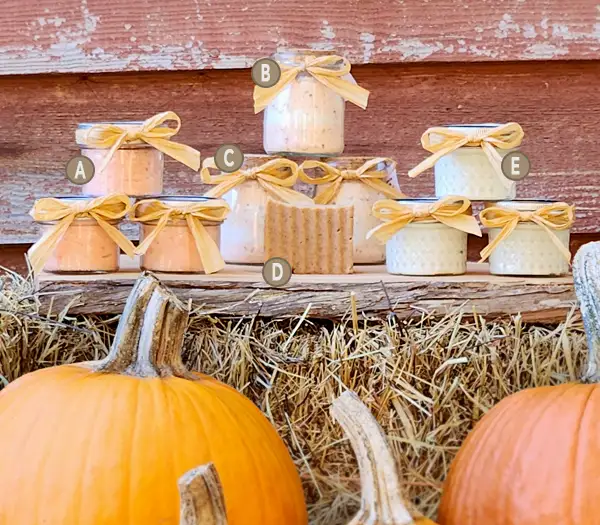 Pumpkin-Spice-600x525-product-lettering Pumpkin Spice scent line with alphanumeric notation for each product.